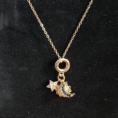 Necklace Sun Moon Star with Crystals new, gold tone