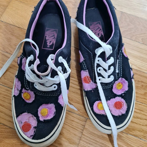 Vans women's sneakers used, black with pink design, size 38.5