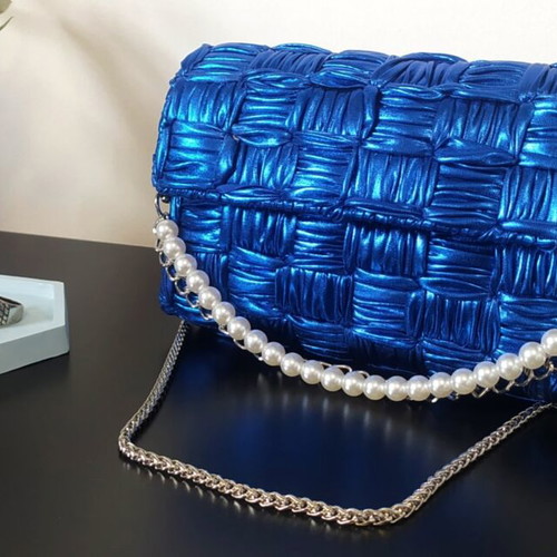 Shoulder Bag Electric Metallic Blue New with Pearl Strap and Silver Chain