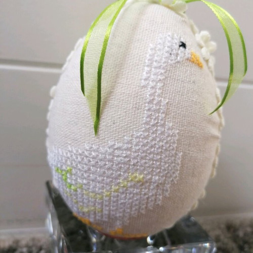 Easter handmade egg with duck design, new, embroidered on beige fabric 12 cm