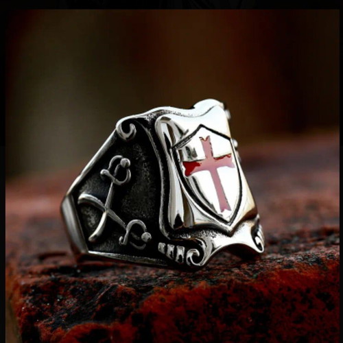 Knights Ring with Shield and Red Medieval Cross new