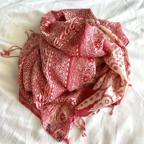 Alexi Andriotti silk scarf like new, red and ecru ethnic pattern