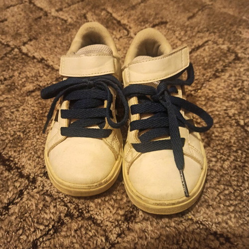 Adidas kids sports shoes used, size 28, white and blue