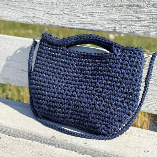 Handmade Crochet Shoulder Bag new, dark blue, minimalist t-shirt yarn handbag