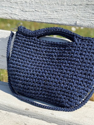 Handmade Crochet Shoulder Bag new, dark blue, minimalist t-shirt yarn handbag