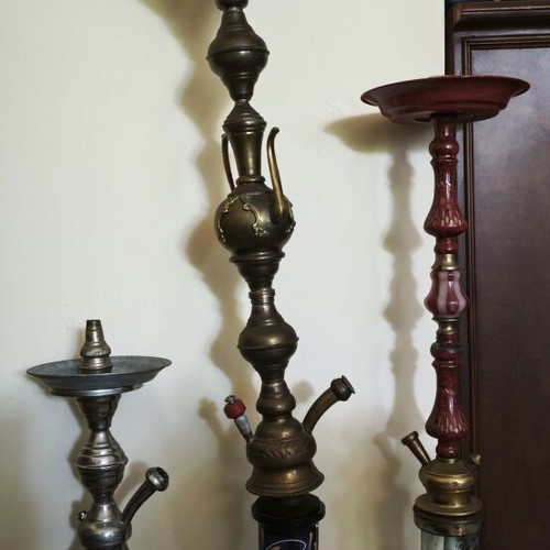 Vintage hookahs, set of three, various sizes and materials
