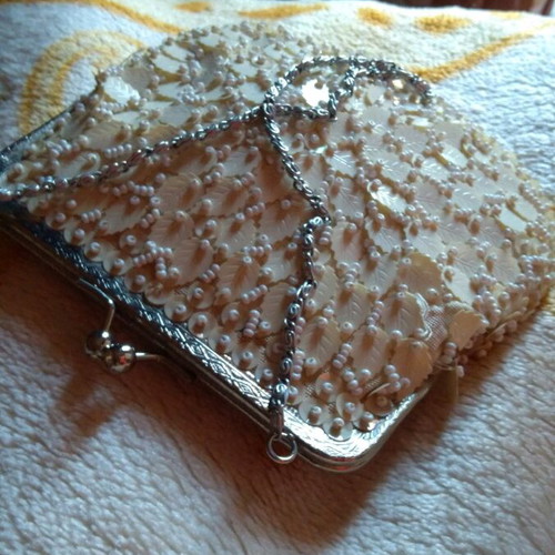 Handmade vintage bag used with chain, embroidered leaves and beads