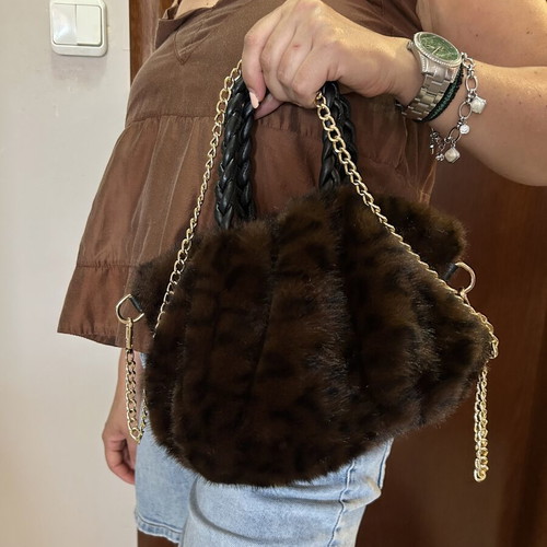 Small furry handbag with chain, black and brown