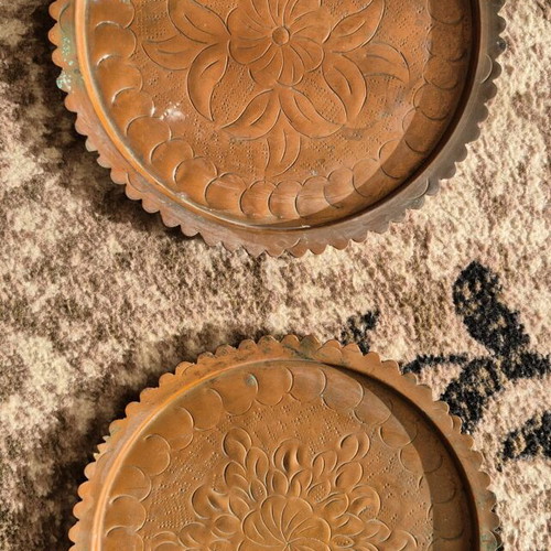 Vintage copper plates used decorative with embossed designs, set of 2