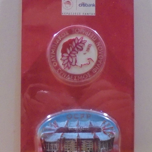 Olympiacos Piraeus fridge magnet set new, emblem and stadium