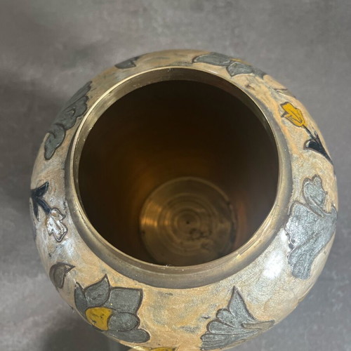 Vintage brass ginger jar with cream enamel and hand-painted motifs like new