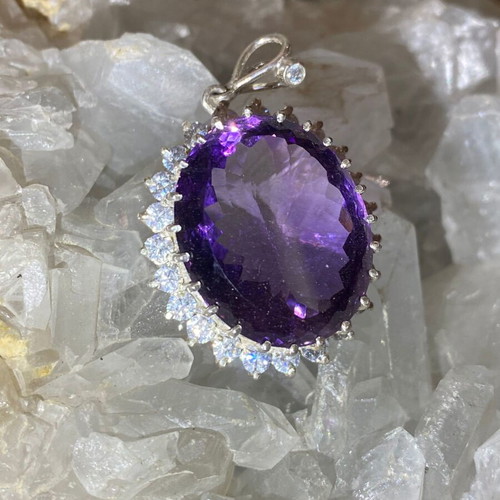 Silver pendant with large cut natural amethyst stone and moissanites, new
