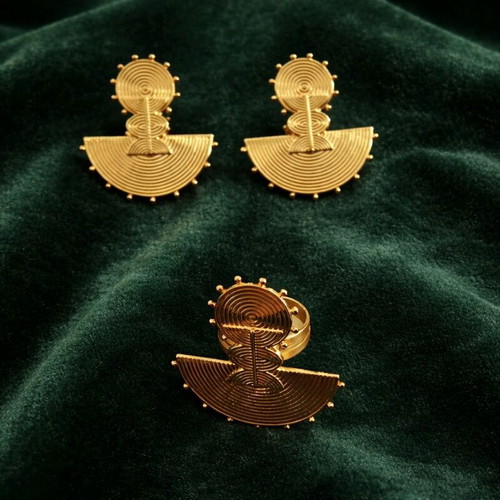 Set earrings with adjustable ring new, gold-colored