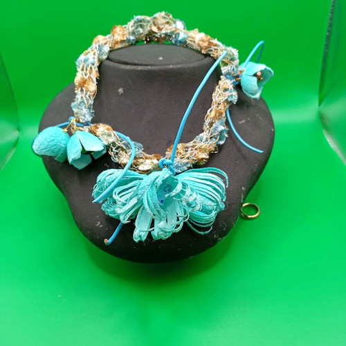 Handmade necklace with turquoise and gold silk cocoon flowers