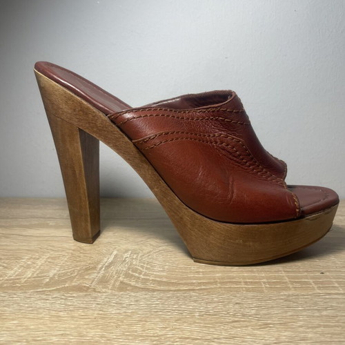 Yves Saint Laurent brown leather wooden platform mules used