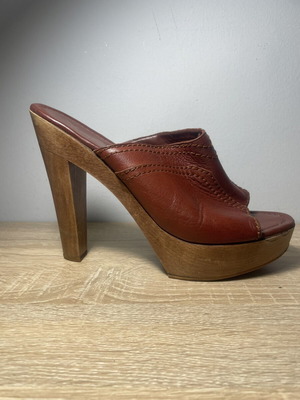 Yves Saint Laurent brown leather wooden platform mules used