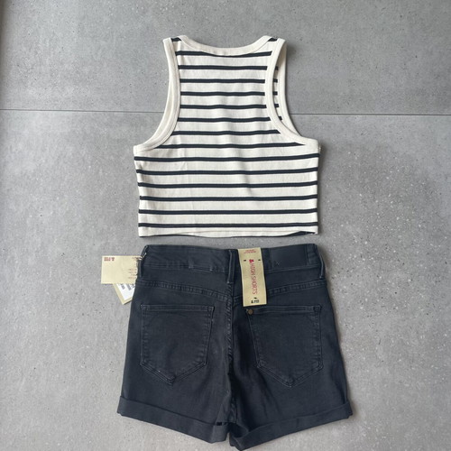 H&M women's black denim shorts and striped cropped top new, size 38/M