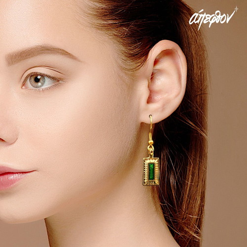 Apefthon dangling earrings with green enamel and gold details, new