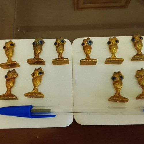 Set of 10 vintage small bronze Athena owls used