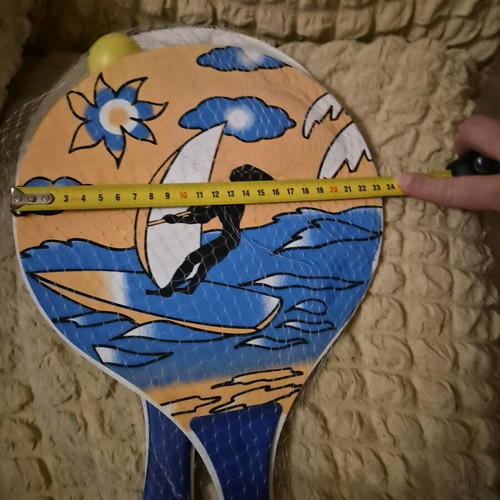 Tsagkogeorgas wooden beach rackets set new with windsurfer design