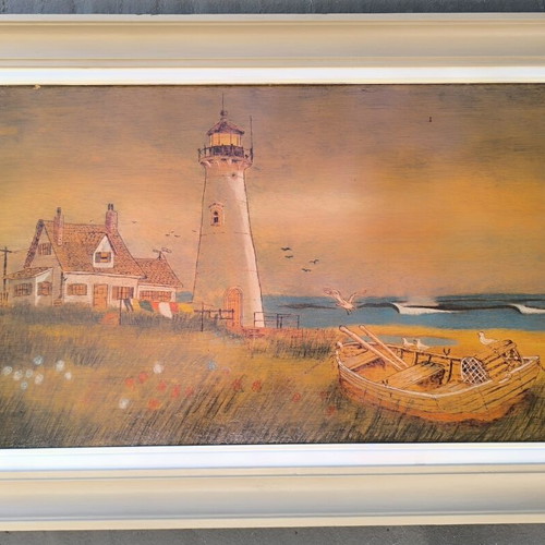 Handmade Pyrography Painting 48x69 cm with Lighthouse, like new