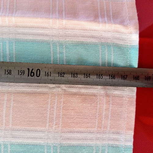 Handmade striped tablecloth used, pastel pink and green, 168x121 cm