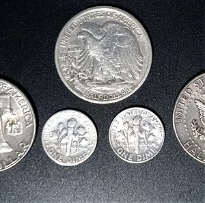 Lot 3 US silver half dollars + 2 US silver dimes