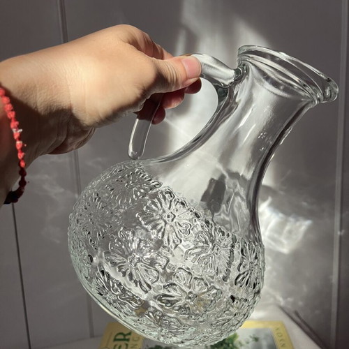Vintage Glass Carafe 70s with Embossed Daisy Pattern Made in Italy
