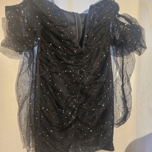 Black evening dress with V neckline and sheer sleeves in very good condition