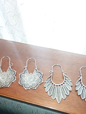 Lightweight steel ethnic dangling earrings, silver color, pack of 2 pairs