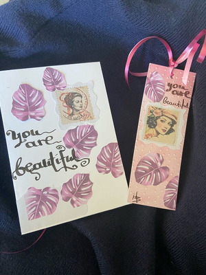 Handmade card and bookmark new with collage and calligraphic letters