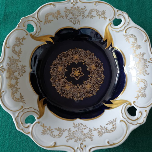 Weimar deep plate from German porcelain with blue cobalt and gold decoration like new