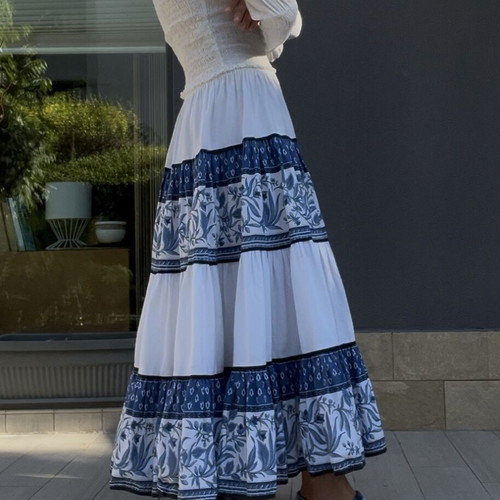 Vintage Parisian Tiered Maxi Skirt blue and white floral like new