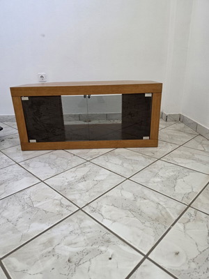 Solid oak TV table with smoked glass doors, 1m x 50cm