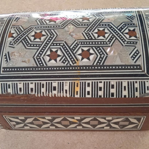 Wooden box with geometric decoration and velvet lining, like new