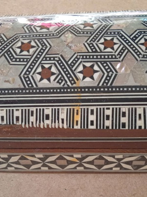 Wooden box with geometric decoration and velvet lining, like new