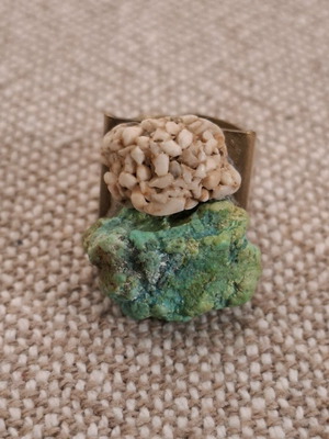 Handmade ring with beige and petrol stones like new