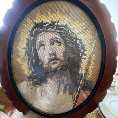 Vintage Jesus Christ embroidery in oval wooden frame like new