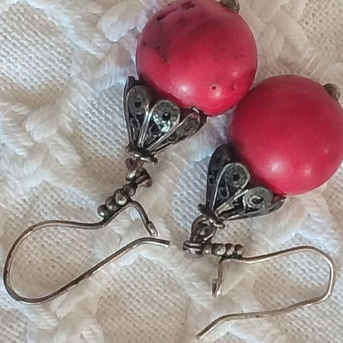 Vintage earrings with red coral and filigree metalwork