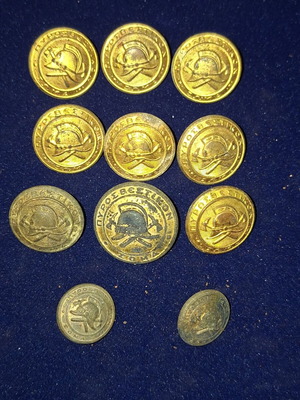 Fire Brigade uniform buttons, 8 regular, 2 small, 1 large