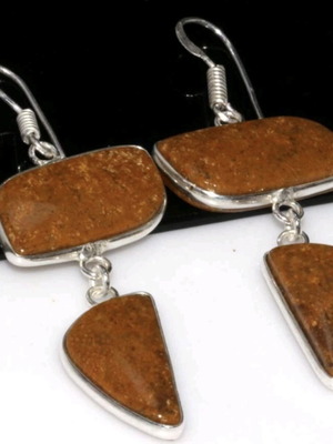 Double Stone Fossil Coral Earrings 2.4" Handmade 925 Silver Plated