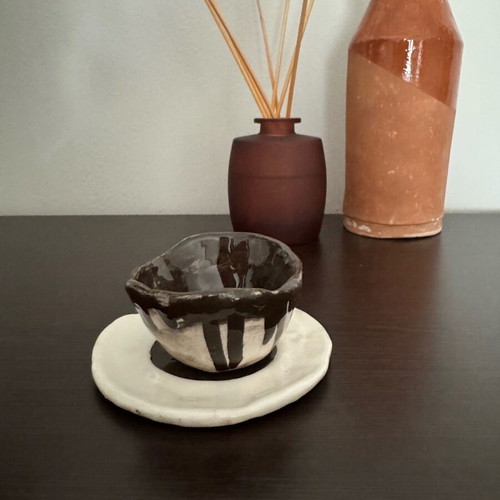 Handmade ceramic espresso cup with plate, new, cream and brown