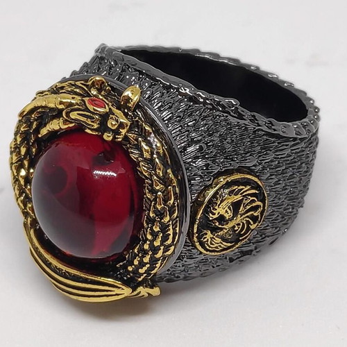 Blood Dragon's Eye Gothic men's ring, bronze with red stone and dragon relief