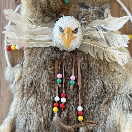 Handmade wall decor with eagle and fur, like new