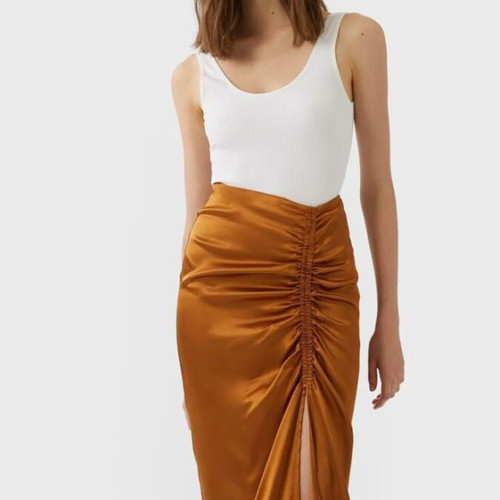 Satin midi skirt Stradivarius with ruching and slit, new, gold, size M
