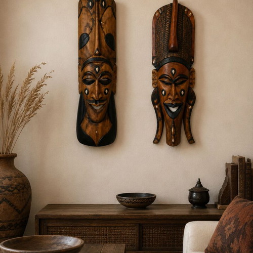 Pair of large handmade African masks from solid wood like new