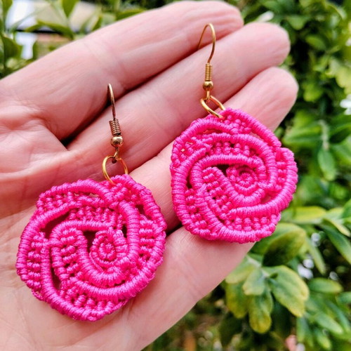 Handmade Boho Rose Micro Macrame Earrings made to order pink gold