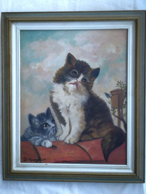 Оригинална маслена картина котка и котенце употребявана в рамка
