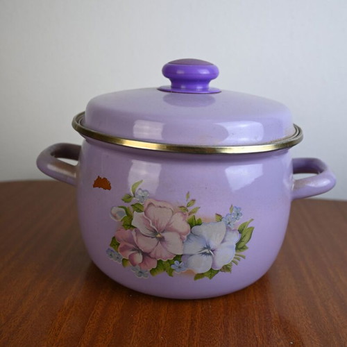 Vintage enamel pot lilac with floral design used