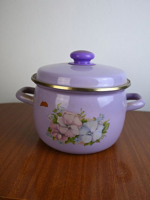 Vintage enamel pot lilac with floral design used